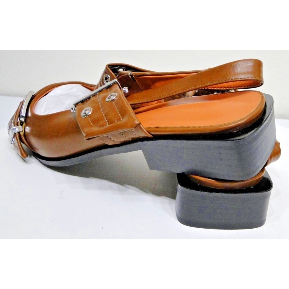 Chunky Buckle Slingback Ballerina Heel Brown Patent Leather Shoes Size 11 - Picture 6 of 13